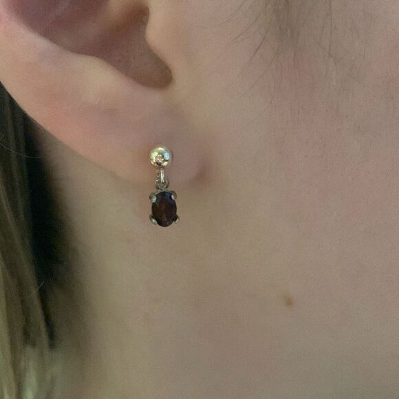 Gold 925 Garnet Dainty Drop Pierced Earrings - Picture 2 of 11